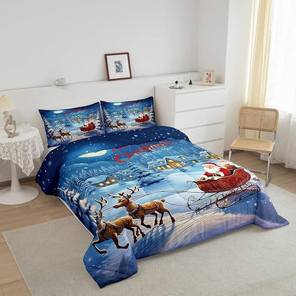 Cartoon Santa Claus Comforter Set Full,Christmas Deer Reindeer Moose Bedding Set for Kids Boys Girls,Xmas New Year Gift Duvet Insert,Merry Christmas Tree Down Comforter with 2 Pillowcases