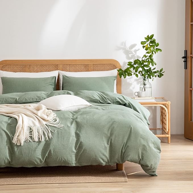 Green Duvet Cover King, 100% Washed Cotton Linen Like Textured 3 Pieces Bedding Set, Solid Color Simple Style Duvet Cover, Luxury Relaxed Feel Natural Wrinkled Breathable Soft Comfy (Green, King)