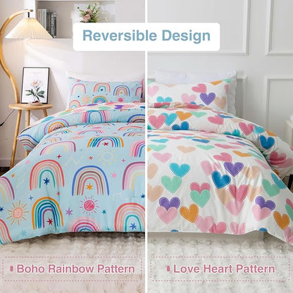 Holawakaka Boho Rainbow Twin Comforter Set with Sheets, 5-Piece Bohemian Love Heart Star Bedding Set for Girls & Women -Super Soft Microfiber Kids Teen-Girls Twin Size Blue Reversible Bed-in-a-Bag