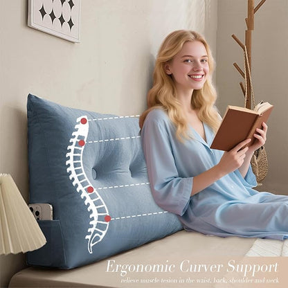 Queen Size Headboard Pillow Wedge Long Backrest Positioning Support for Daybed Wedge Bed Rest Reading Pillow with Side Pockets Bolster Cushion
