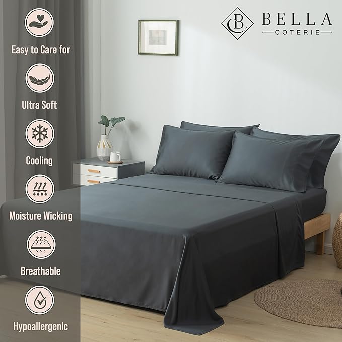 Bella Coterie 6 Piece Luxury Bamboo Viscose Split Top King Size Sheet Set | 34" Split for Adjustable Beds | 100% Organically Grown| Cooling | 18” Deep Pocket | 4 Pillowcases [Charcoal Grey]