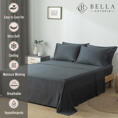 Bella Coterie 6 Piece Luxury Bamboo Viscose Queen Size Sheet Set | 100% Organically Grown | Cooling for Hot Sleepers | 18" Deep Pocket | Soft & Hypoallergenic | 4 Pillowcases [Charcoal Grey]