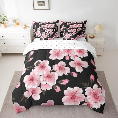 Feelyou Cherry Blossom Bed in a Bag Full Size Japanese Floral 7 Piece Bedding Set for Kids Girls Teens Toddler Pink Flower Comforter Set with Sheets Romantic Bed Set