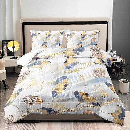 Golden Ginkgo Leaf Theme Comforter 3Pcs Full Watercolor Ginkgo Plant Leaves Bedding Set for Kid Teen Girl Boy Adult Nature Botanical Floral Quilt Bed Decor with 1 Comforter and 2 Pillowcases