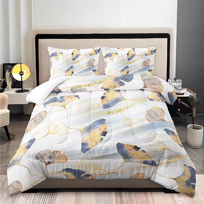 Golden Ginkgo Leaf Theme Comforter 3Pcs Twin Watercolor Ginkgo Plant Leaves Bedding Set for Kid Teen Girl Boy Adult Nature Botanical Floral Quilt Bed Decor with 1 Comforter and 2 Pillowcases