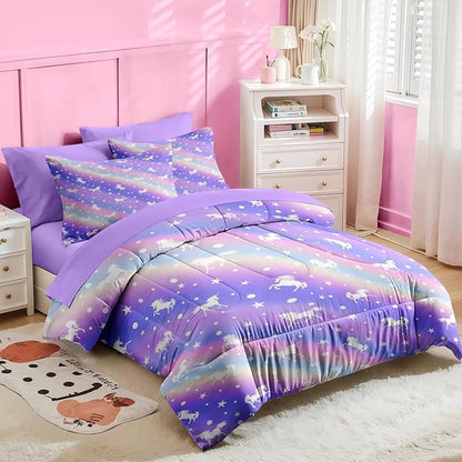 Nesker Comforter Set Twin Size, Purple Colorful Unicorn 5 Pcs Bedding for Kids Teens, Rainbow Star Bed Sheet with Pillowcase & Sham