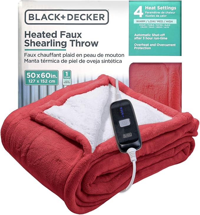 BLACK+DECKER Heated Blanket Electric Throw, Faux Shearling Electric Blanket, Heating Blanket with 4 Heating Levels, 3H Timer, Auto Shutoff, Fast Heating (50x60 inches, Maroon)