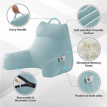 Reading Pillow with Arms For Adult, Back Pillow for Bed Sitting Up, Shredded Memory Foam Backrest Pillow with Pockets & Removable Washable Cover, Lounging, Watching TV, Reading(20in Lake Blue)