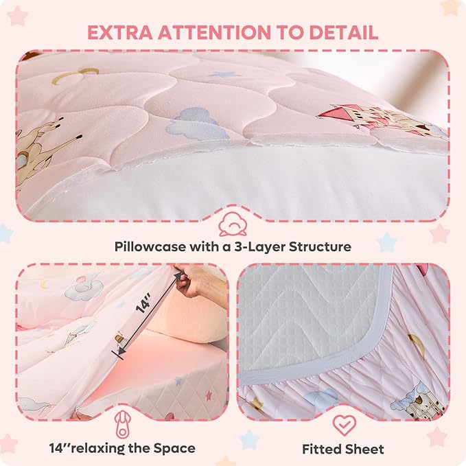 Bestier Twin Size 4Pcs Kids Comforter Sets, Zipper Bedding Set for Girls, Kids Bedding Set Cartoon Comforter for Kid, Zipper Bedding Certified - OEKO-TEX100, (Light Pink, Twin, 39"x75")