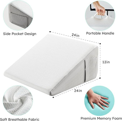 Bedluxe Wedge Pillow, 12 inch Bed Wedge Pillow for Headboard, Pillow Wedge for Acid Reflux Relief, Sleeping, After Surgery, Snoring, Gerd, Triangle Pillow Wedge - Cooling Memory Foam Top, White/Grey
