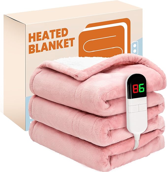 Electric Heated Blanket, Flannel & Sherpa Fast Heating Soft Fleece Heated Twin Blanket 62"x84" with 6 Heating Levels &10H Auto Off - Pink