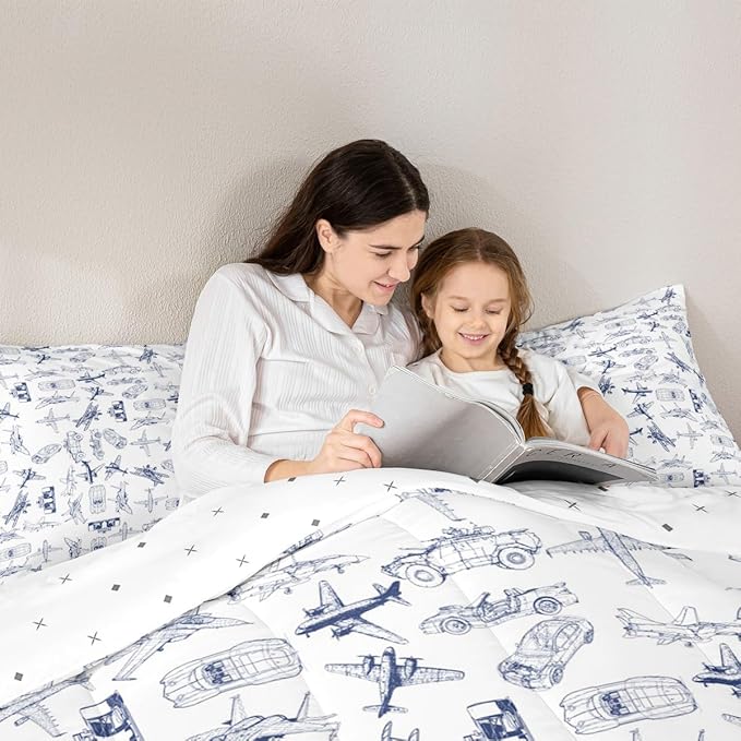 Feelyou Aircraft Bedding Set Kids Airplane Print Comforter Set Boys Girls Decor Aircraft Flying Comforter Cover Set Microfiber Sketch Style Blue White Duvet Set Bedroom Quilt Set Queen Size