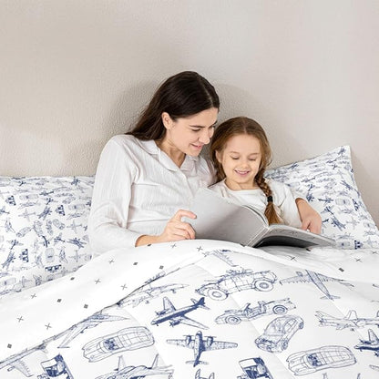 Feelyou Aircraft Bedding Set Kids Airplane Print Comforter Set Boys Girls Decor Aircraft Flying Comforter Cover Set Microfiber Sketch Style Blue White Duvet Set Bedroom Quilt Set Queen Size