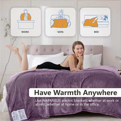 Wapaneus Electric Blanket 62”x84” Flannel Heated Blanket Twin Size with 5 Heating Settings 10 Hours Auto-Off, Fast-Heating, ETL Listed, Machine Washable, Purple