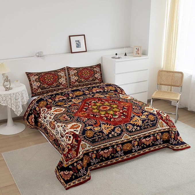 Boho Floral Comforter Set King Size,Vintage Geometric Flowers Pattern Bedding Set 3pcs for Adult Woman Room Decor,Aztec Tribal Colorful Quilt Set Exotic Retro Duvet Insert,2 Pillowcases,Brown