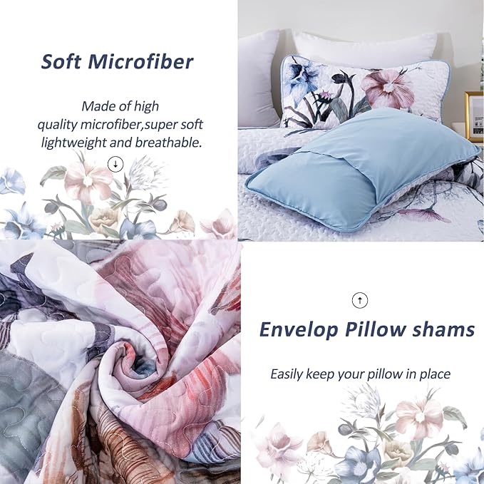 Floral Quilt Set King 3 Pieces Light Blue Floral Quilt Coverlet Set Soft Microfiber Lightweight Light Blue Quilted Bedspread for All Season 104"x90"