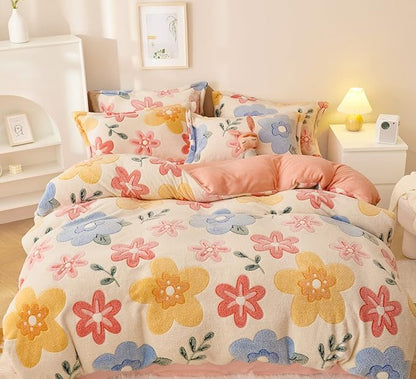 Pink Duvet Cover Twin, Fluffy Comforter Cover Set, Kawaii Bedding Sets for Girl Ultra Soft Cute Floral Bed Set for Kids (Flower, Twin)