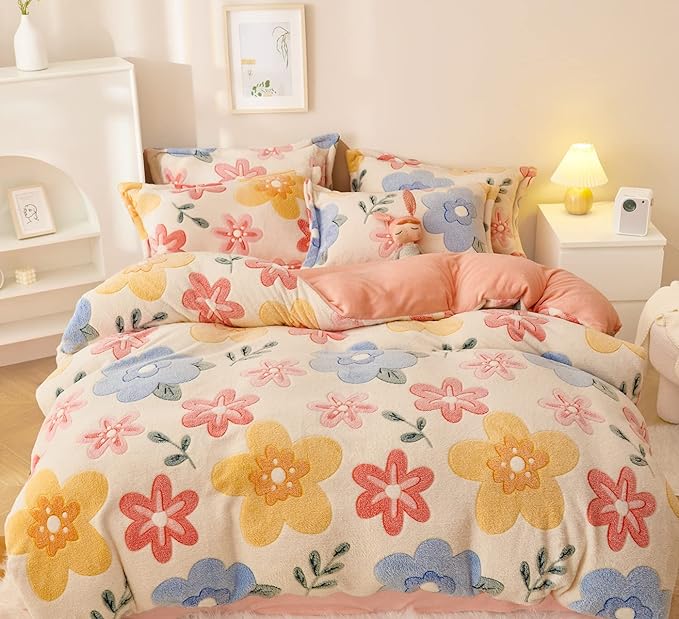 Pink Duvet Cover Queen Size, Fluffy Comforter Cover Set, Kawaii Bunny Bedding Sets for Girl Ultra Soft Cute Floral Bed Set for Kids (Flower, Queen)
