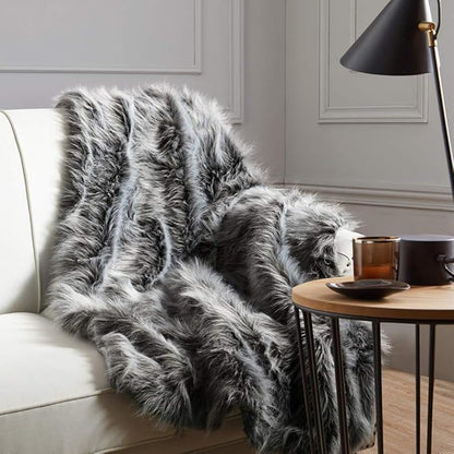 Luxury Faux Fur Throw Blanket, Grey and Black High Pile Mixed Throw Blanket, Super Warm, Fuzzy, Elegant, Fluffy Decoration Blanket Scarf for Sofa, Couch and Bed, 50''x 60''