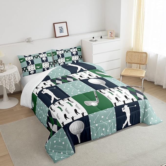 Golf Comforter Set King Size Geometric Patchwork Plaid Quilt Set Modern Ball Sports Gaming Bedding Set 3pcs for Men Adults Teens Room Decor Green White Duvet Insert with 2 Pillowcases