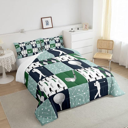 Golf Comforter Set Twin Size Geometric Patchwork Plaid Quilt Set Modern Ball Sports Gaming Bedding Set 2pcs for Men Adults Teens Room Decor Green White Duvet Insert with 1 Pillowcase
