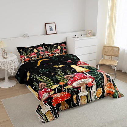 Feelyou Kids Mushroom Bedding Set Natural Wild Fungus Comforter Set for Kids Boys Girls Botanical Plants Duvet Set Butterfly Comforter 1 Comforter Set with 1 Pillowcase Toddler Size