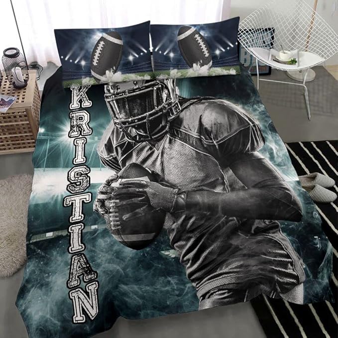 Personalized American Football Bedding Set, Kids 3 Piece Duvet Cover Set with Pillow Shams for Teens Boys, NO Comforter, Twin Size for Rugby Lovers (Football 02)