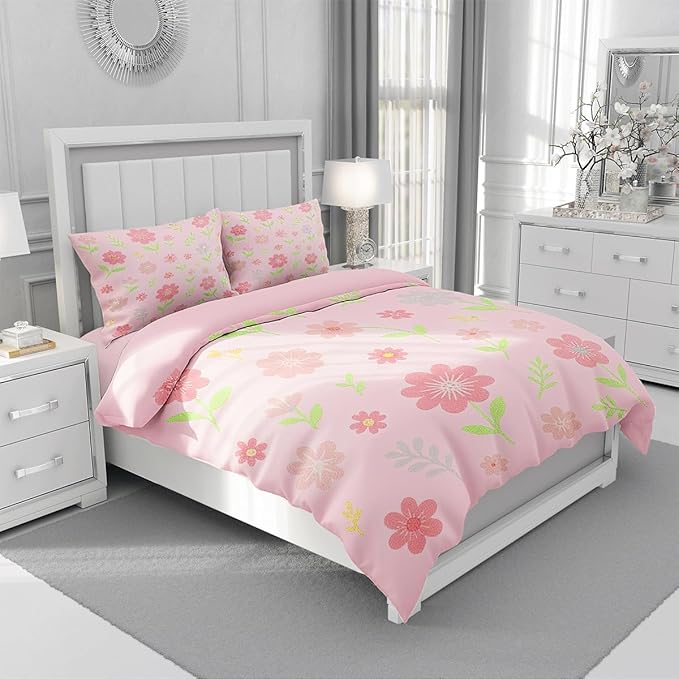 Pink Flower Duvet Cover Sets Twin Size for Girls Kids, Pink Floral Comforter Cover with 1 Duvet Cover 69x90 Inches and 1 Pillowcase 20x26 Inches (Twin,No Comforter)