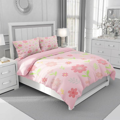 Pink Flower Duvet Cover Sets Twin Size for Girls Kids, Pink Floral Comforter Cover with 1 Duvet Cover 69x90 Inches and 1 Pillowcase 20x26 Inches (Twin,No Comforter)