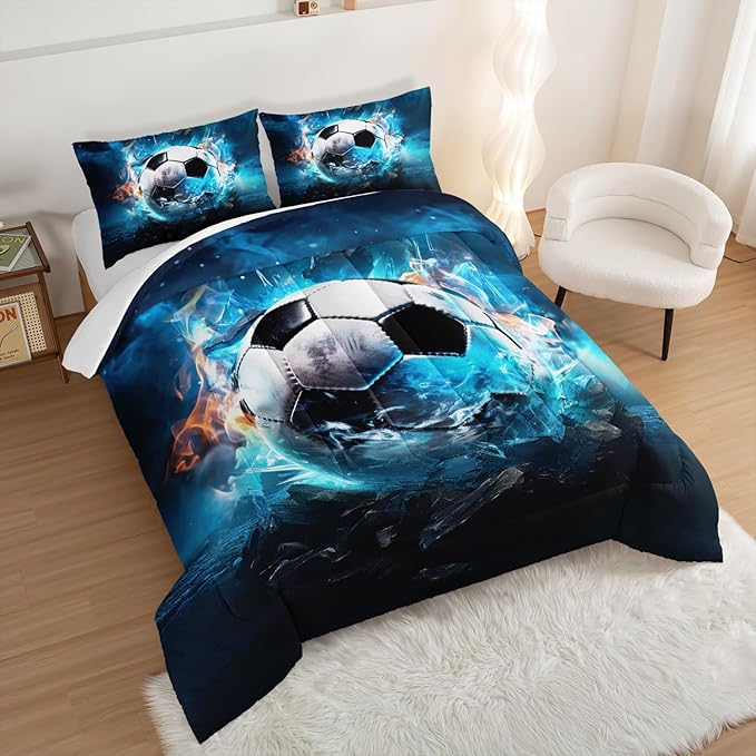 Soccer Bedding Comforter Set Twin Size,Blue Football Flame Printing Ball Gamer Bedding Set,Sports Themed Room Decor for Teens Boys,Kids Comforter Sets Boys with 2 Pillowcases.