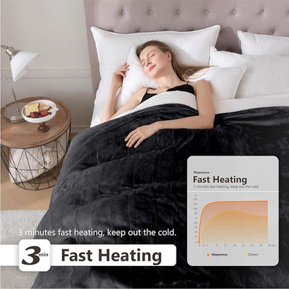 Wapaneus Heated Blanket Electric Queen Size 84"x90"-Dual Control with 10 Heat Levels 12 Timer Settings and 8 Hours Auto-Shut Off,Fast-Heating Electric Blanket,ETL Listed Machine Washable,Black