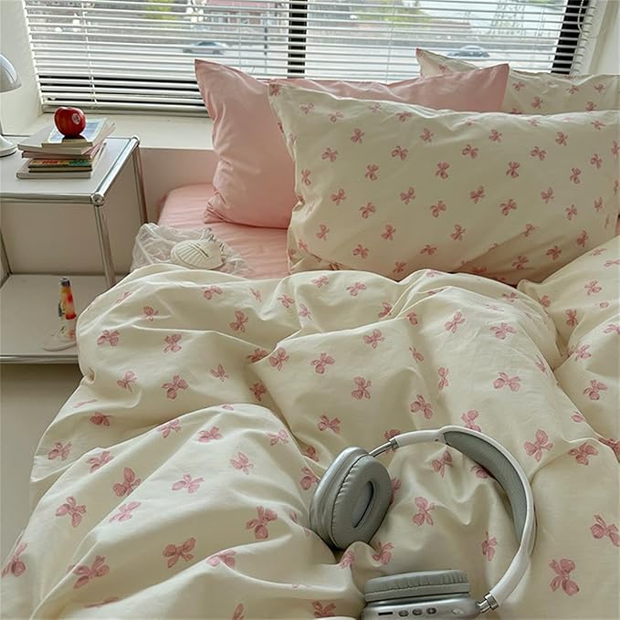 Pink Bow Duvet Cover Queen Size Bowknot On White Duvet Cover Set Kids Boys Girls 3 Pieces Cute Princess Style Bows Pattern Ultra Soft Reversible Bedding Set with 2 Pillowcases