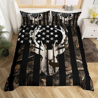 Boys Camo American Flag Duvet Cover Twin Size, Gray Deer Antlers Animal Silhouette Natural Bedding Comforter with 1 Pillowcase, Camouflage USA Flag Rustic Hunting Bedding Set for Kids Room Decor