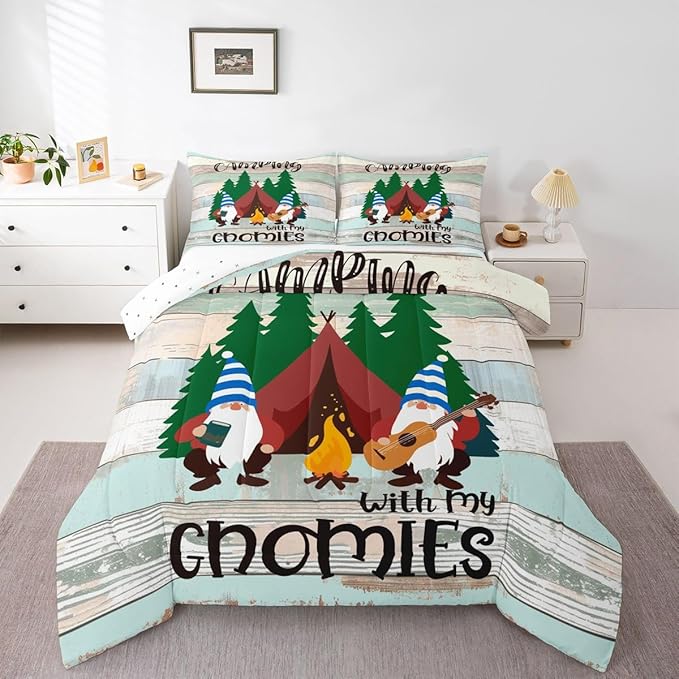 Feelyou Camper Bedding Set Queen Kids Cute Gnome Happy Camping Comforter Set for Girls Boys Cartoon Gnomies Farmhouse Comforter Soft and Cozy Quilted Set Rustic Room Decor Comforter Inner Fill