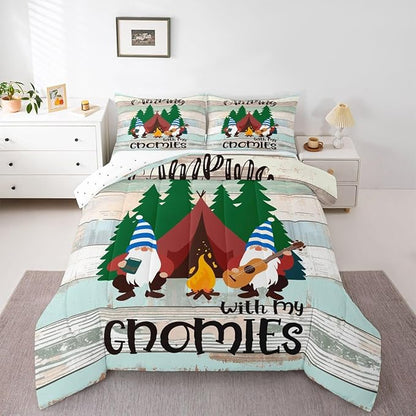 Feelyou Camper Bedding Set Queen Kids Cute Gnome Happy Camping Comforter Set for Girls Boys Cartoon Gnomies Farmhouse Comforter Soft and Cozy Quilted Set Rustic Room Decor Comforter Inner Fill