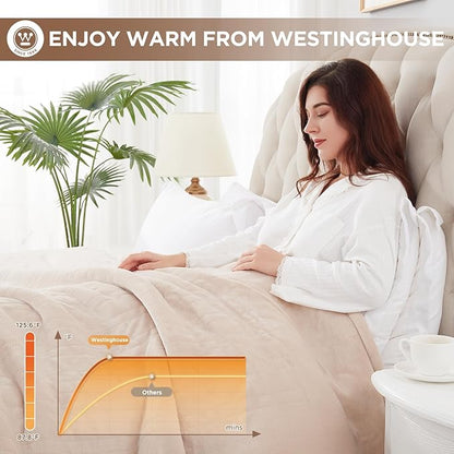 Westinghouse Heated Blanket Queen Size, Electric Heating Blanket with 10 Heating Levels, 1-12 Hours Auto Shut Off, Fast Heating Warming Blanket, Machine Washable(Queen,84x90 Inches,Beige)