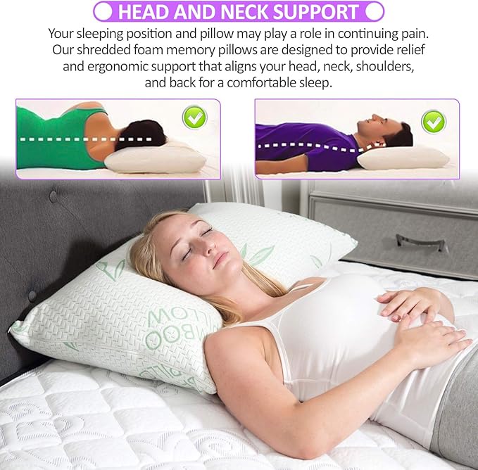 Elif King Size Pillows for Sleeping Set of 2 – Cooling Shredded Memory Foam Pillows with Removable Cover for Back, Stomach & Side Sleepers, Rayon Derived from Bamboo, King (2 Pack)