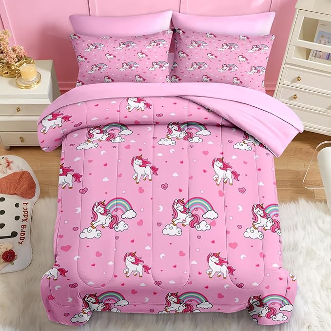 Nesker 5 Pcs Comforter Set Twin Size, Cute Pink Unicorn Bedding for Kids Teen, Cartoon Rainbow Bed Sheet with Pillowcase & Sham