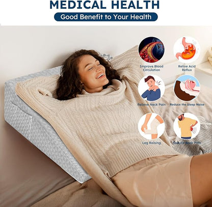 Wedge Pillow 7.5" Bed Wedge After Surgery, Back Pain Relief, Memory Foam Pillow Triangle Incline Wedge for Back Support, Leg Elevation（Light Grey）
