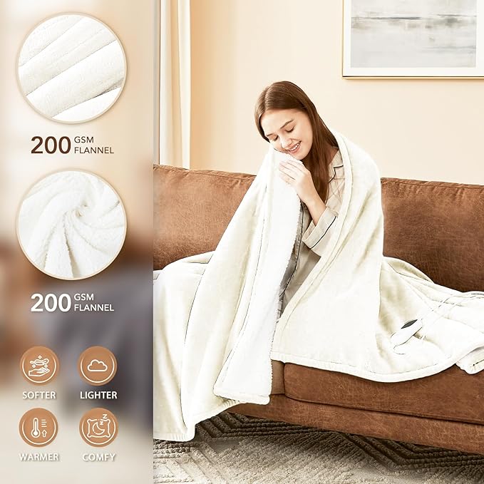 Homemate Heated Blanket Electric Throw - 50"x60" Heating Blanket Throw 1/2/4/6/8 Hours Auto-Off 10 Heat Level Over-Heat Protection Flannel Sherpa ETL Certification