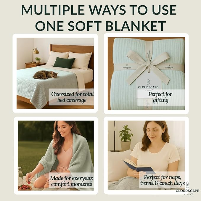Cloud Scape Linen Extra Large 8 Layer Muslin Throw Blanket - 100% Cotton Gauze, Soft and Breathable, Winter Blanket for Couch, Sofa and Bed, Idea, 50x70, Seafoam