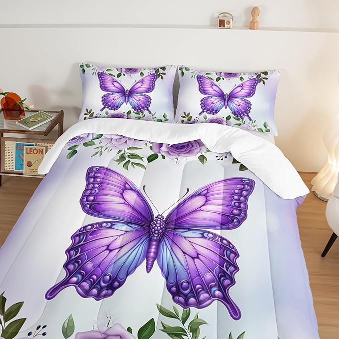 Beautiful Butterfly Bedding Comforter Set Queen Size,Blossoming Flowers Pattern Bedding Set for Kids Girls Toddlers Room Decor,Nature Insect Themed Bed Comforter Sets with 2 Pillowcases.