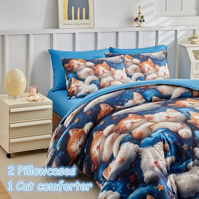 Kids Twin Comforter Set for Boys and Girls, 3 Pieces Cat Comforter with 2 Pillowcases, Microfiber Kitty Twin Bedding Set for Kids Teens Washable Lightweight Super Soft for All Season, Blue
