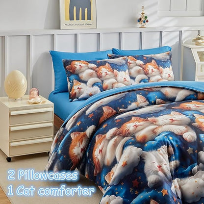 Kids Twin Comforter Set for Boys and Girls, 3 Pieces Cat Comforter with 2 Pillowcases, Microfiber Kitty Twin Bedding Set for Kids Teens Washable Lightweight Super Soft for All Season, Blue