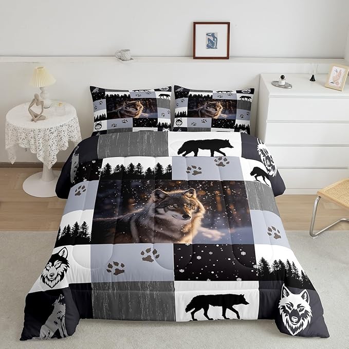 Feelyou Rustic Comforter Set Full Size Woodland Wolf Comforter for Boys Girls Teens Wolf Paws Print Bedding Set Wild Adventure Teens Duvet Set Room Decor Pine Trees Quilt Set