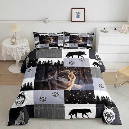 Feelyou Rustic Comforter Set King Size Woodland Wolf Comforter for Boys Girls Teens Wolf Paws Print Bedding Set Wild Adventure Teens Duvet Set Room Decor Pine Trees Quilt Set