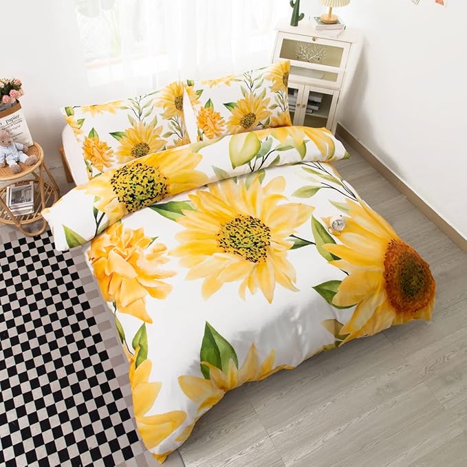CVHOUSE Sunflower Bedding King Size, Garden Floral Set for Girls Kids Teens, Aesthetic Farmhouse Comforter Cover Soft, 1 Duvet 2 Pillowcases 3 Piece, Room Decor, 90'x102'