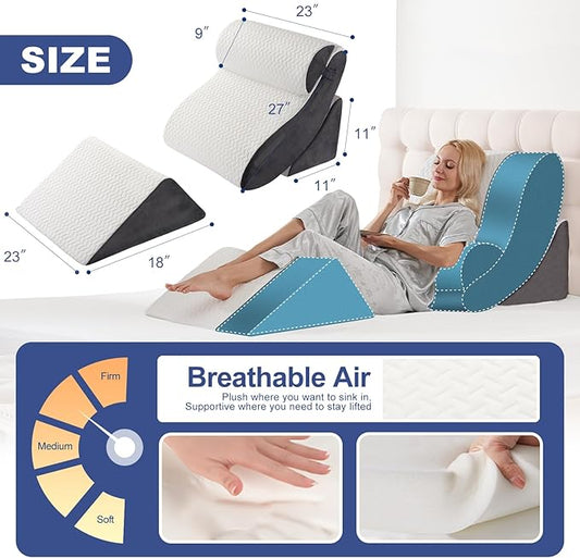 4PCS Orthopedic Bed Wedge Pillow Set for Sleeping, Post Surgery Foam Support Pillows for Back, Neck and Leg Pain Relief, Adjustable Triangle Pillow – Acid Reflux, GERD & Snoring Recovery, White Grey