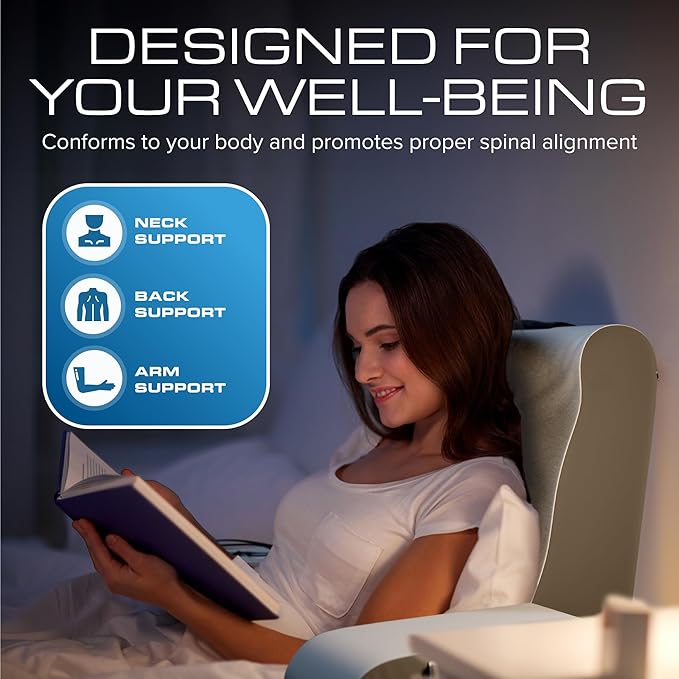 Kölbs Wedge Reading Cushion, Back Pillow for Bed Sitting Up, Cushion with Arms for TV Book Gaming Dorm Rooms, Backrest (Grey/White, Standard)