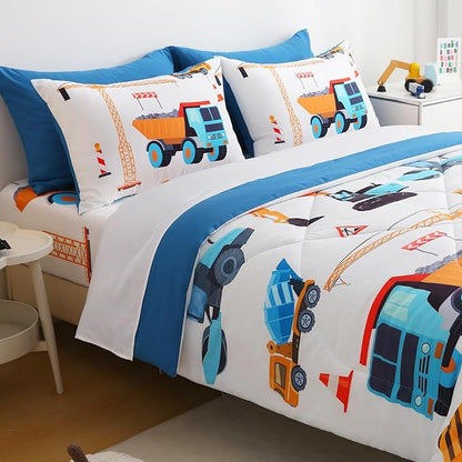 7 Pieces Boys Comforter Set Full Size Excavator Bedding Set Cartoon Car Kids Bed in a Bag Construction Truck Bedding for Children Kids Boys Teens for Birthday Choice